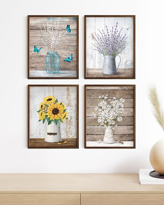 HAUS AND HUES Flower Wall Decor - Set of 4 Floral Wall Art, Floral Wall Decor, Flower Wall Art, Framed Flower Painting, Floral Pictures Wall Decor, Flower Pictures (Framed Walnut 11x14)