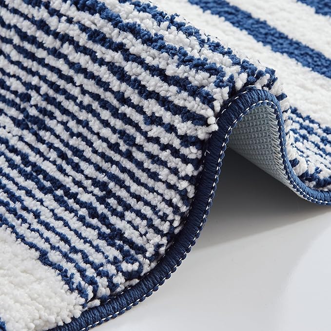 CozeCube Blue Striped Bath mats for Bathroom Non Slip, Fluffy Absorbent Microfiber Bath mat Washable, Aesthetic Bathroom Rugs, Large Bath mat for Sink, 36" x 24"
