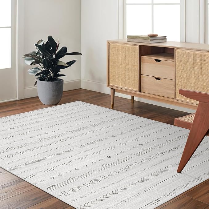 Deerly Washable 5x7 Rugs for Bedroom, Moroccan Farmhouse Area Rug 5x7 with Non-Slip Backing, Soft Low Pile Indoor Floor Carpet Boho Neutral Area Rug for Living Room Home Office Decor, Light Grey