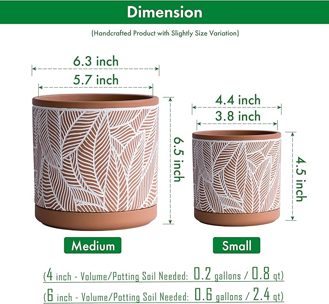 D'vine Dev Set of 2 Terracotta Pots, Leaves Pattern Planter Pot, 4 Inch and 6 Inch, Pot with Drainage Hole and Saucer, Terracotta/White, 31-958-I-1