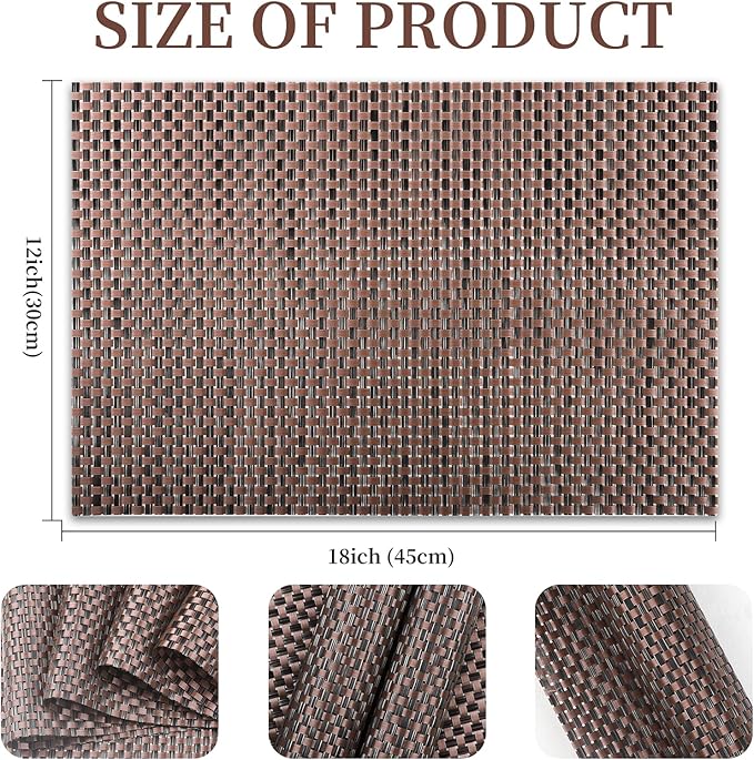 Vinyl Plastic Placemats Set of 6 Washable Heat Resistant Non-Slip Elegant Indoor Outdoor Kitchen Dining PVC Woven Table Place Mats (Black Red Weaving)