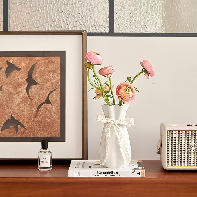 White Ceramic Flower Vase, 8'' Modern Decorative Vases Minimalism Boho Vases for Home Decor, White Vase for Table Centerpieces Living Room Office Wedding Farmhouse Decor