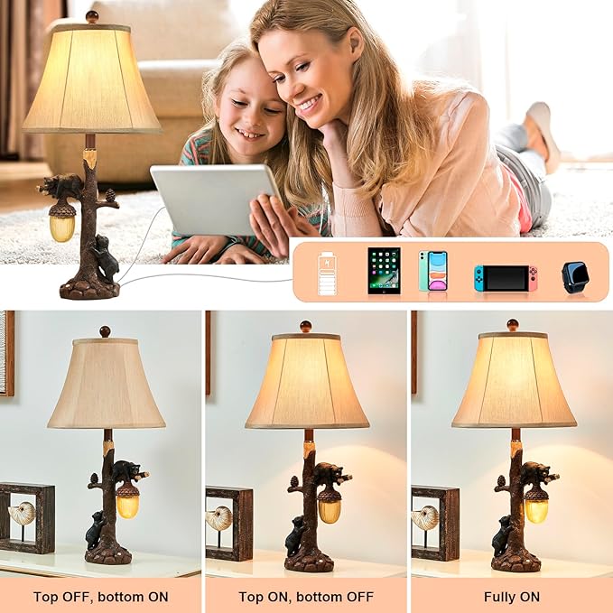 LOKHOM Rustic Western Bear Table Lamp with Nightlight Set of 2, 26“ Rustic Bedside Lamp with USB & Type C, Touch Control Natural Bears Table Lamp for Bedroom Living Room Foyer Office