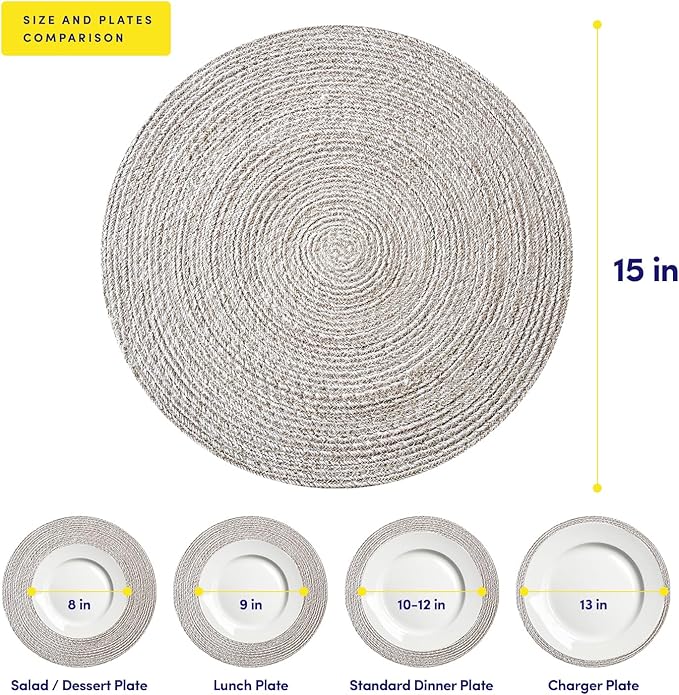 Round Placemats Set of 6-100% Cotton Two-Tone Placemat for Dining Table - Woven Braided Table Setting Place Mat - Washable Table Decor for Kitchen, Farmhouse, Rustic, Everyday Use, Gray