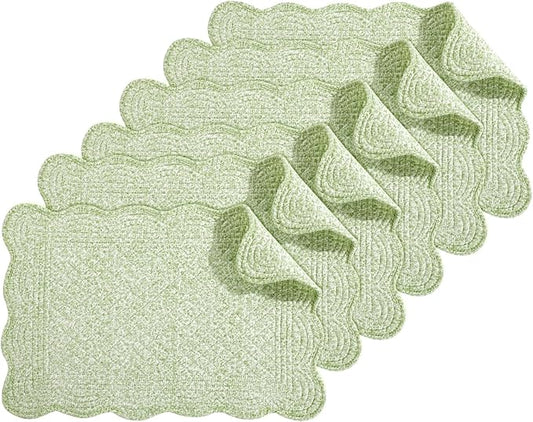 HOMBYS Quilted Placemats Set of 6 Washable-13x18 inches Rectangular Placemats for Kitchen Table-100% Cotton Fabric Rectangular Table Mats, (White with Light Green)