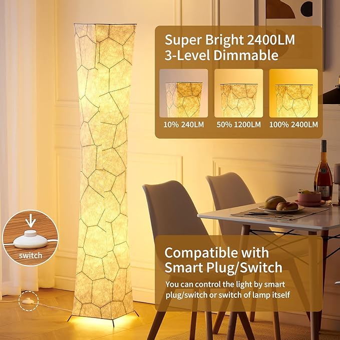 chiphy Floor Lamp, 52" Dimmable Standing Lamps, Adjustable 3 Level Brightness, 12Wx2 LED Bulbs,2400 Lumen, Marble Fabric Shade, Elegant Modern for Bedroom Living Room Kids Room