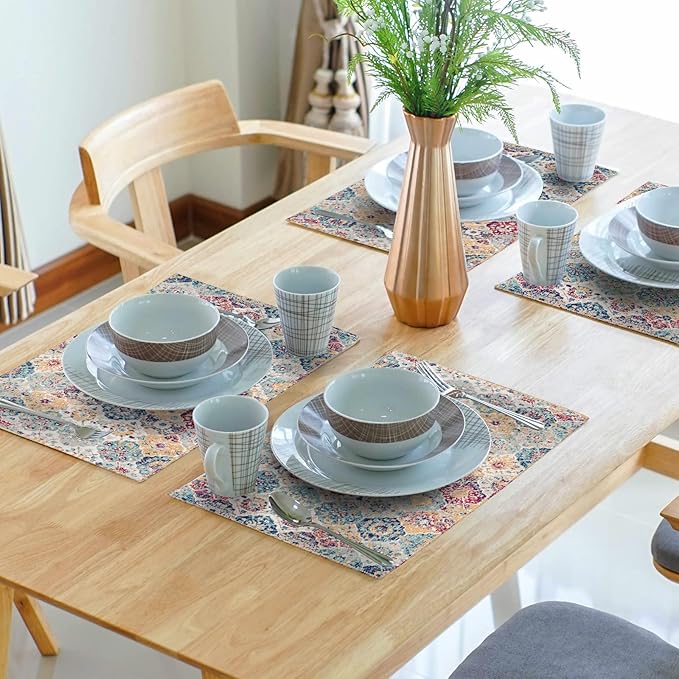 Ethnic Boho Placemats Set of 6 Bohemian Carpet Vintage Rust Coral Floral Carpet Linen Washable Kitchen Dining Table Mats Stain Heat-Resistant Desktop Decor Place Mats for Home Party Indoor 12x18 in