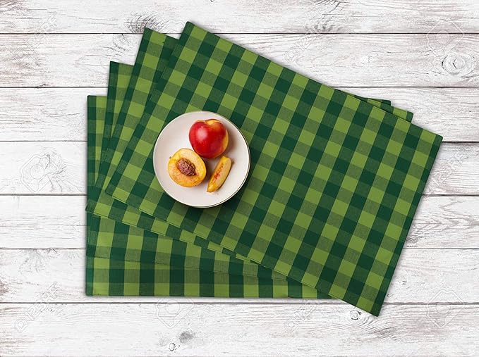 Urban Villa Green Checks Special 100% Cotton Fused Place Mats 14''x 20'' Over Sized Set of 6 Green Check Plaid Every Day Use Heavier Quality