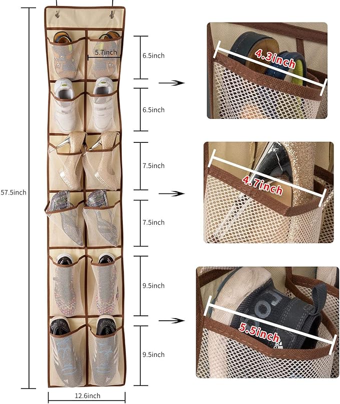KEEPJOY Over The Door Shoe Organizer,Hanging Shoe Organizer 12 Mesh Pockets Shoe Organizer for Closet,Works Well for Men and Woman Kids Shoes Storage, 57.5×12.6inch(Beige)