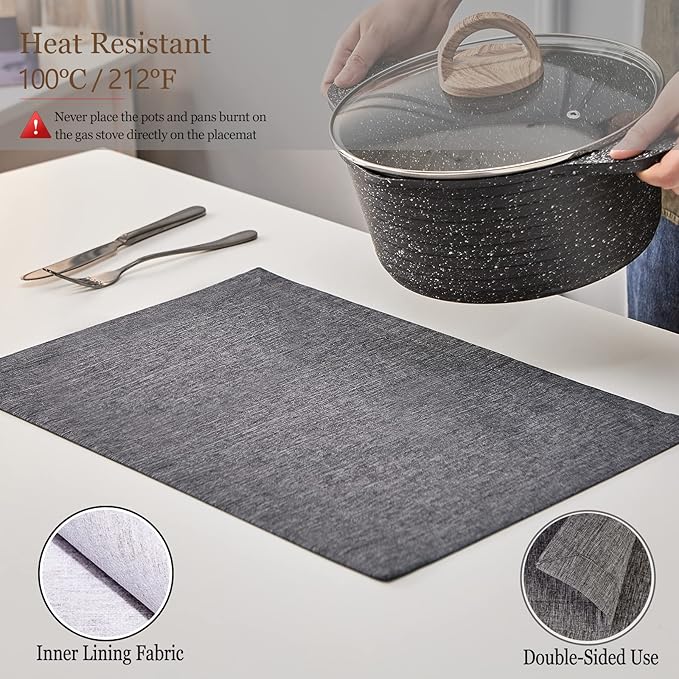 Mebakuk Cloth Placemats, Machine Washable Linen Style Thick Place Mats, Heat Resistant and Easy to Clean Fabric Table Mats for Kitchen Dining Table (Dark Grey, Set of 4)