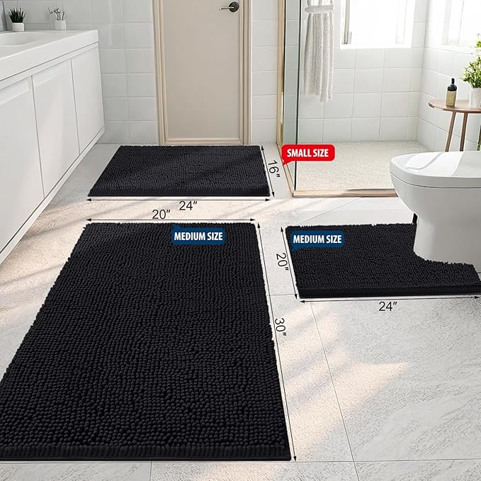 Smiry Luxury Chenille Bathroom Rugs 40x32, Extra Soft and Absorbent Shaggy Bath Mat, Machine Washable, Non-Slip Plush Carpet Runner for Tub, Shower, and Floor, Home Decor Accessories, Black