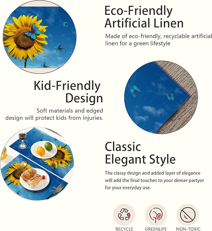 Placemats,Sunflower Blue Butterfly Placemats 12x18 Inch Waterproof Non-Slip Washable Table Mats for Kitchen Dining Party Table Decor,Set of 6