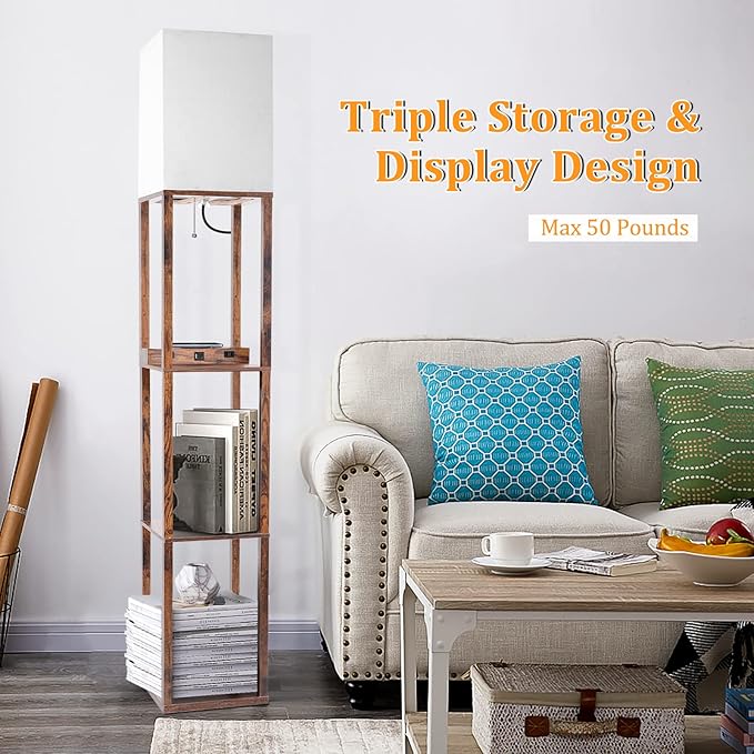Dott Arts Floor Lamp with Shelves, Shelf Lamp with Wireless Charger & USB A+C Ports & 2 AC Outlets,3 Color Temperature Corner Tall Standing Floor Lamps for Living Room, Bedroom, Office (Brown)