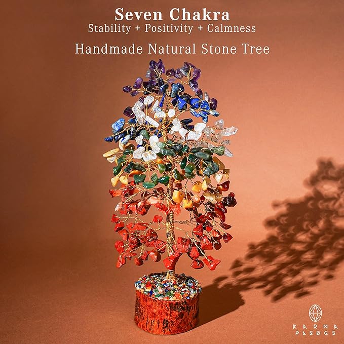 7 Chakra Healing Crystal Tree of Life with Manifestation Card, Handmade Golden Wire Crystal Tree for Good Luck, Positive Energy, Wealth, Reiki Healing, and Decor, Gift for Women and Mom