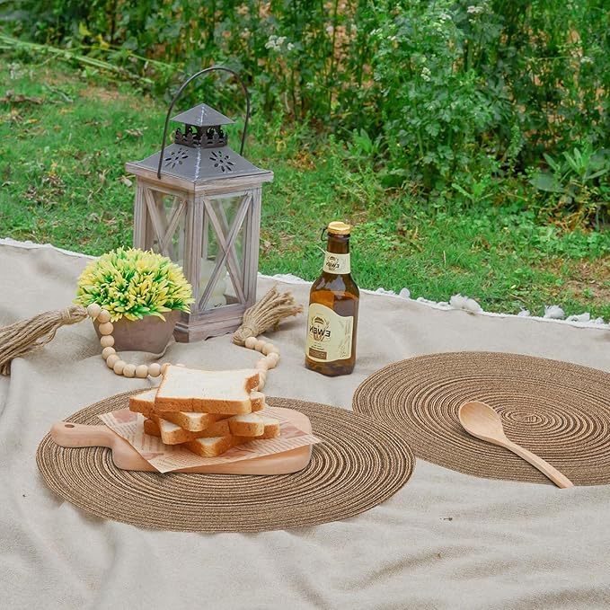 Noctiflorous 15 Inch Round Placemats Set of 6 Durable Braided Woven Heat Resistant Table Mats for Indoor Outdoor Non Slip Dining Table Place Mats(Brown, 6)