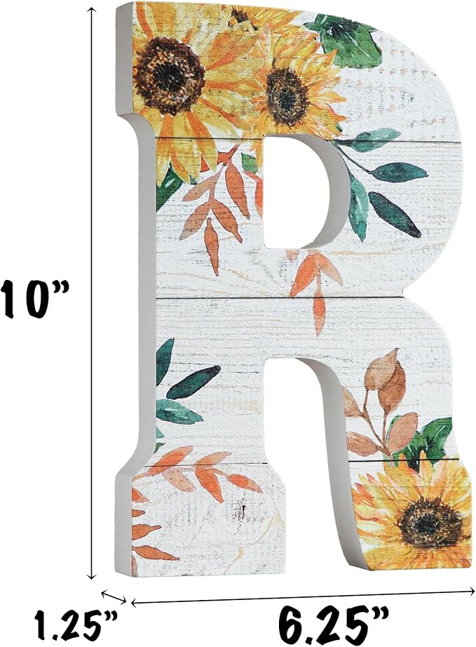COLLECTIVE HOME - 10" Wood Lettes for Wall Decor, Sunflower Tabletop Alphabet Decoration, DIY Farmhouse Decor, Rustic Freestanding Monogram Block (R)