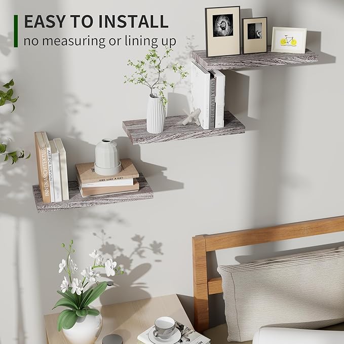 Marsmiles Wood Floating Shelves for Wall Set of 3, 17 Inch Wide Rustic Wooden Floating Shelves, Invisible Wall Mounted Display for Living Room Bedroom Kitchen Bathroom Office, Weathered