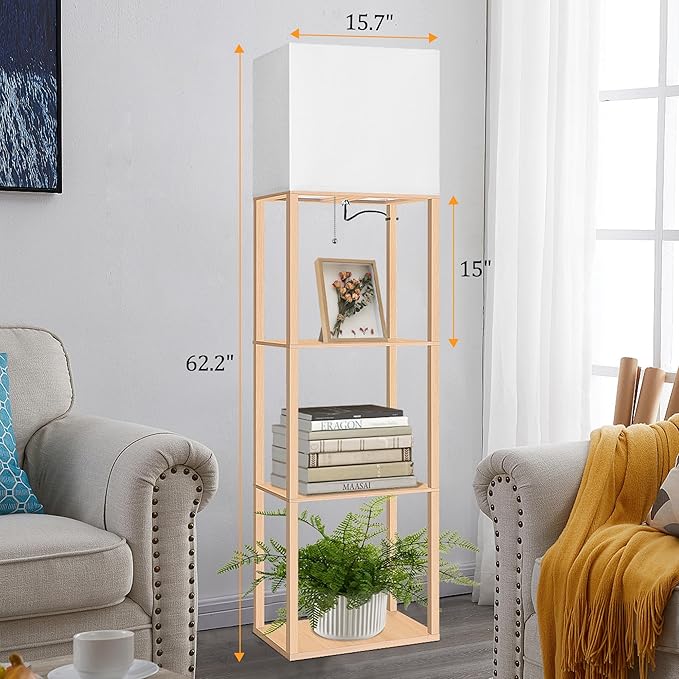 Dott Arts Floor Lamp with Shelves, Wide Floor Lamps for Living Room Display Shelf Lamps with 3 Color LED Bulb,Storage Wood Modern Floor Lamp for Bedroom Standing Lamp for Living Room Office(Burlywood)