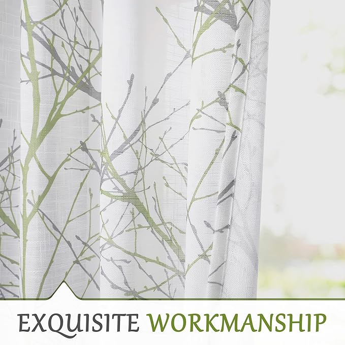 FMFUNCTEX Linen Semi Sheer Curtains for Bedroom, Sage Green White Curtains 63 Inches Long for Living Room, Grey Tree Branch Print Curtain Light Filtering Farmhouse Window Drapes, Grommet Top 2 Panels