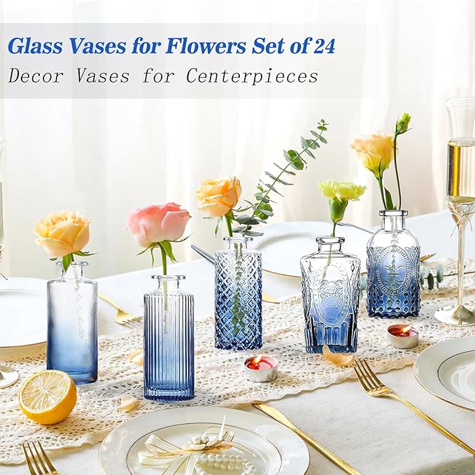 Bud Vases Set of 24, Gradient Blue Vintage Small Vases for Flowers, Clear Crystal Mini Glasses in Bulk, Small Flower Design for Centerpieces Wedding Home Flower Party Decor