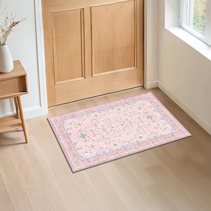 Pink Boho Bathroom Rug, 2x3 Small Throw Rugs for Entryway Kitchen Girls Bedroom Kids Room, Modern Oushak Floral Design, Machine Washable Non Slip Low Pile Stain Resistant Soft Faux Wool Carpet