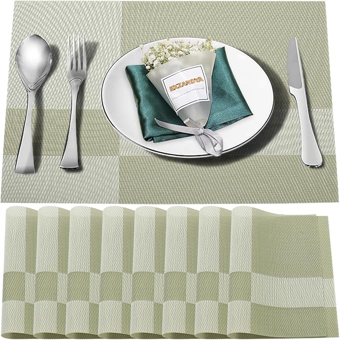 Placemats Set of 8,Washable,Heat and Stain Resistant Indoor/Outdoor Place mats, Vinyl Woven Non Slip Table Mats for Restaurant Table Protection, PVC Table Placemats.(Green, 8PCS)