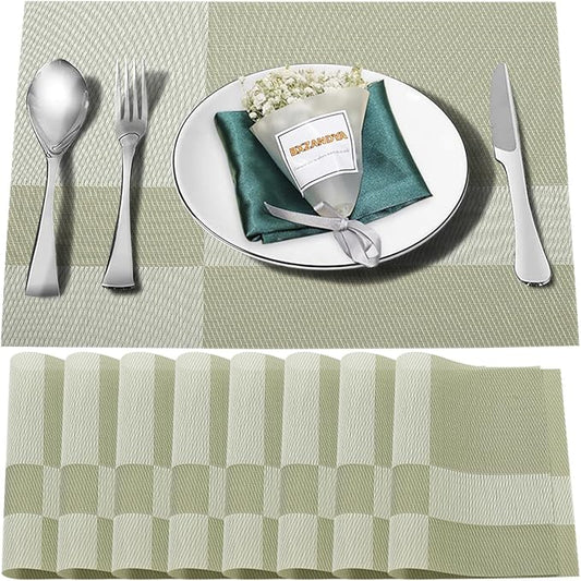 Placemats Set of 8,Washable,Heat and Stain Resistant Indoor/Outdoor Place mats, Vinyl Woven Non Slip Table Mats for Restaurant Table Protection, PVC Table Placemats.(Green, 8PCS)