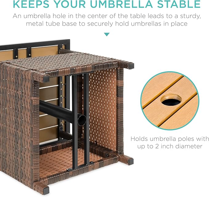 Best Choice Products Wicker Side Table with Umbrella Hole, Square PE Rattan Outdoor End Table for Patio, Garden, Poolside, Deck w/UV-Resistant Frame, Storage Space - Brown