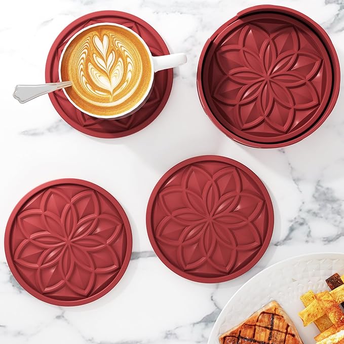 HFHOME Silicone Coasters Set with Holder - 6 Pack Drink Coasters for Coffee Table, Bar, Desk - Tabletop Protection Gift - Red