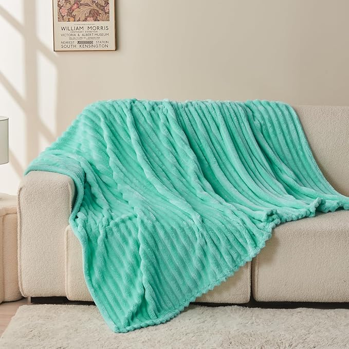 NEWCOSPLAY Super Soft Twin Blanket Aqua Premium Silky Flannel Fleece 3D Ribbed Jacquard Lightweight Bed Blanket All Season Use (Aqua Ribbed, Twin(60"x80"))