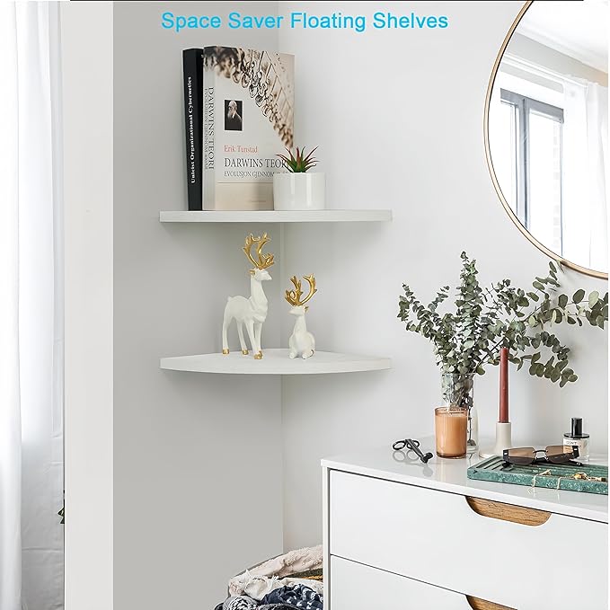 Corner Wall Shelves Set of 2, Rustic Wood Corner Floating Shelves with Cable Raceway, Wall Mount Storage Display for TV Accessories, Baby Monitor (White, Fan-shaped-12 Inch)