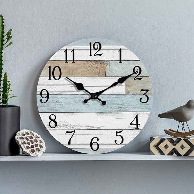 Wall Clock Battery Operated 10 Inch Silent Non Ticking Coastal Design Country Rustic Retro Decorative for Bathroom Kitchen Living Room Bedroom
