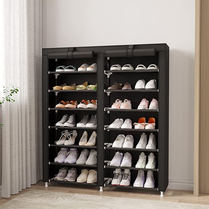 MOYIPIN Shoe Rack Storage Organizer, Double Row Portable Nonwoven Fabric Cover Shoe Rack Holds up to 28 Pairs 36.2 x 11.2 x49.2 Inches Black
