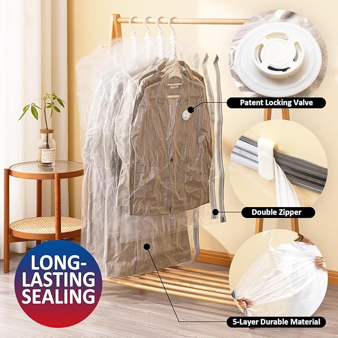 Hanging Vacuum Storage Bags, 6 Pack Hanging Storage Bags for Clothes With Electric Pump, Vacuum Sealed for Suits, Dress, Jackets (3 Long, 3 Short)