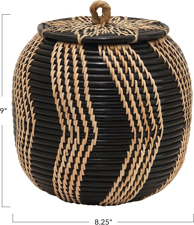 Boho Handwoven Rattan Storage Basket with Lid, Natural and Black