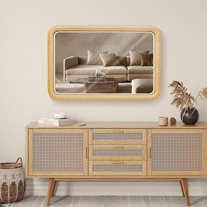20"x30" Boho Bathroom Mirror,Rattan Wall Mirror –Handwoven Wicker Rattan Frame, Rectangular Hanging Decor for Dresser, Nursery, Bedroom, Livingroom or Entryway