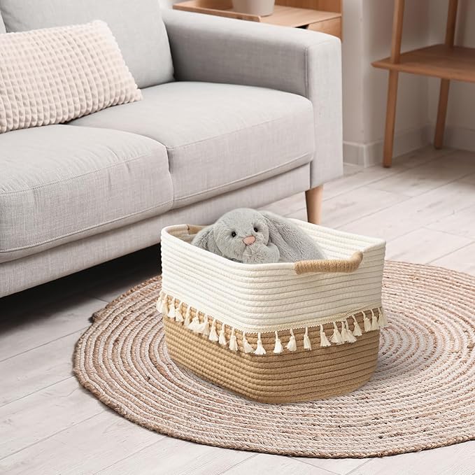 TeoKJ Woven Storage Bin Set of 3, Cotton Rope Basket for Storage, Clothes Boho Storage Basket Bin for Organizing and Storage, Fabric Storage Basket for Books, Plants, Pet Treats, White & Jute