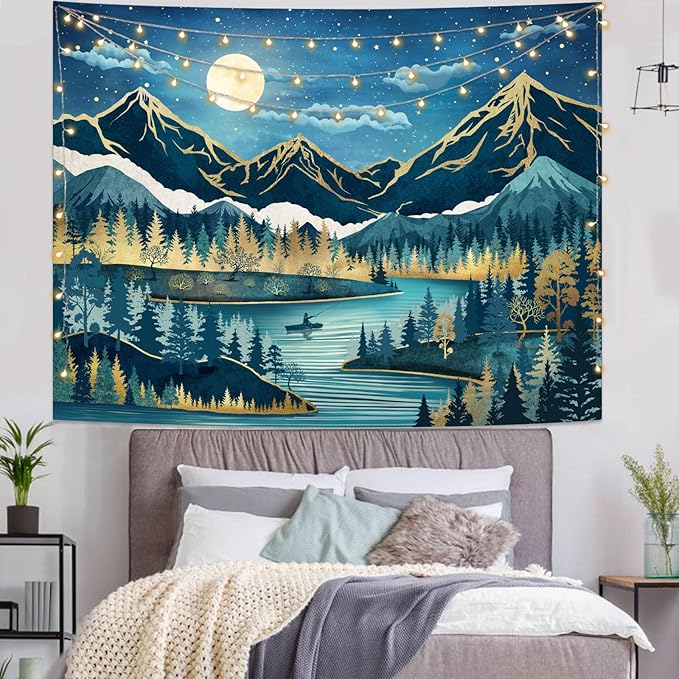 Kanuyee Boho Mountain Tapestry Moon Landscape Wall Tapestry, Nature tapestries for Bedroom Ceiling Tapestries Wall Hanging for Bedroom Living Room Wall Decor Mountain-1 70"x90"