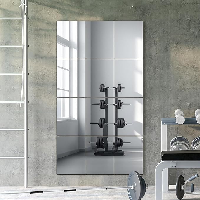Wall Mirror Tiles, 16"x12"x12PCS Full Length Home Gym Mirror for Garage, Bedroom, Living Room, Over The Door