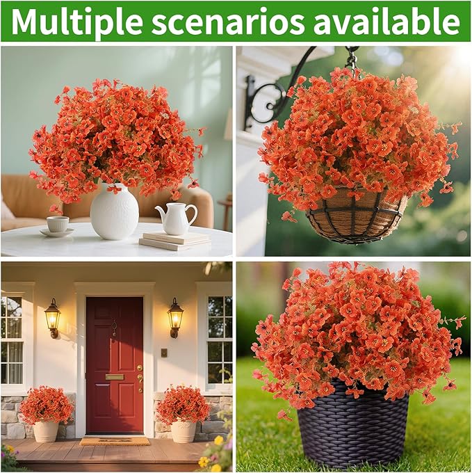 14 Bunch Outdoor Artificial Flowers with Plastic Plants Eucalyptus Faux Flowers, Outdoor Front Porch Hanging Planter Window Frame Garden Decor (Orange)