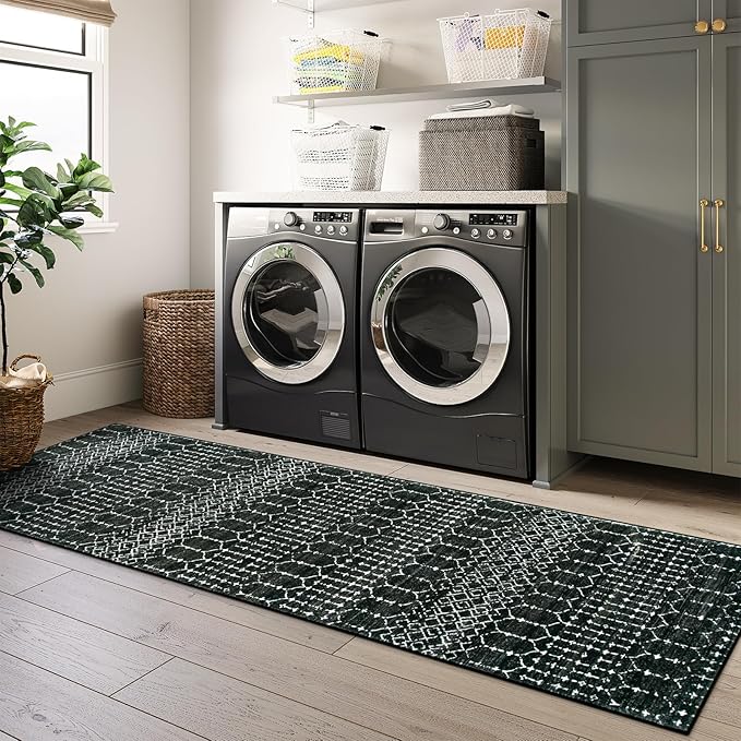 Lahome Moroccan Black Rug - 2x8 Washable Non-Skid Kitchen Floor Runner, Low-Profile, Non Slip, Geometric Print Distressed Entryway Runner for Hallways, Laundry Room, Foyer
