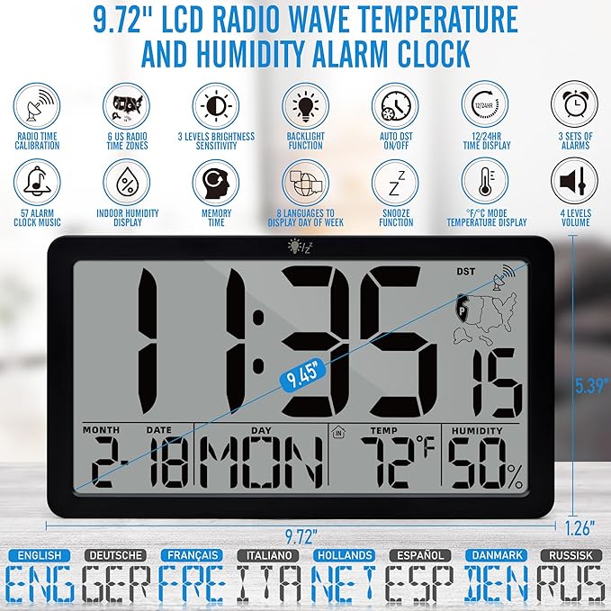 TXL Atomic Wall Clock with Backlight, Battery Operated Digital Wall Clock with Temperature, Humidity and Date, Large Display, Auto DST, 6 Time Zone(Black)