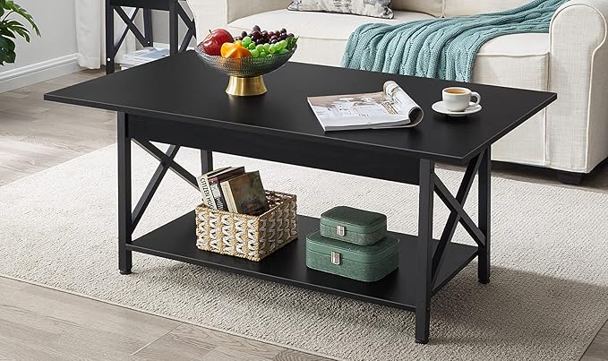 GreenForest Coffee Table with Storage, 43 inch Large Modern Coffee Tables for Living Room, X-Frame Design Farmhouse Coffee Table Space Saving Living Room Tables, Easy Assembly, Black