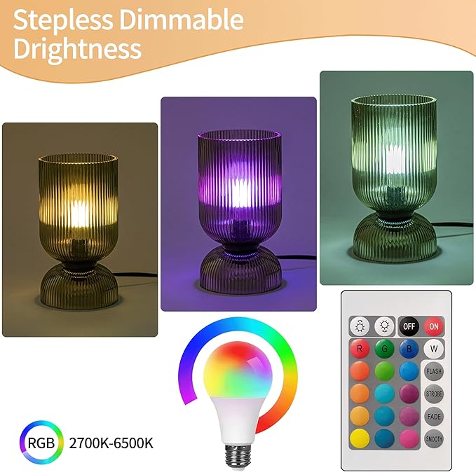 Modern RGB Glass Table Lamp with Remote,Color Changing Bedside Lamp with Green Glass Shade, 16 Colors, On/Off Cord Switch, Nightstand Lamp for Bedroom, Living Room, Office,Bulb Included