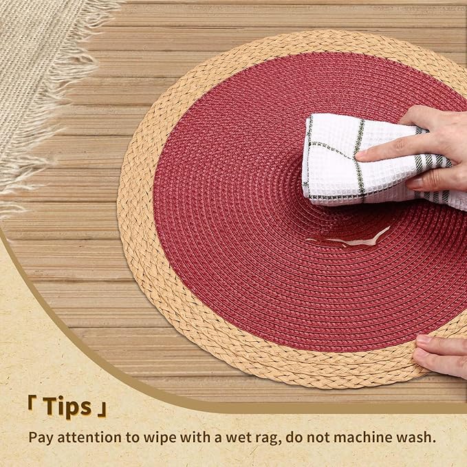 Noctiflorous Round Braided Placemats Set of 8 Table Mats 15 Inches Washable Heat Resistant for Dining Table Non-Slip Indoor Outdoor Place Mats for Thanksgiving Christmas Easter(Red Wide Edge 8)