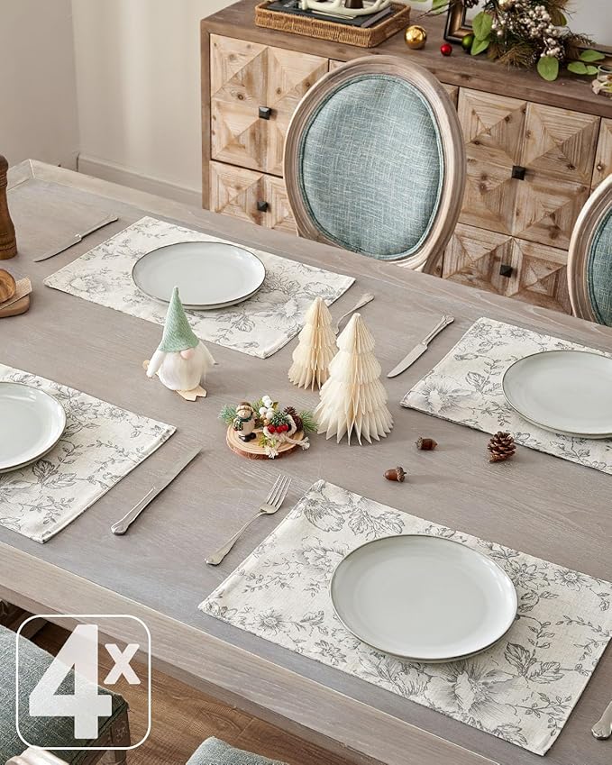 JINCHAN Linen Floral Placemats Set of 4 Farmhouse Cloth Table Mats Holiday Seasonal Rustic for Kitchen Dining Home Decor Washable Tablemats Double Layer Placemats 13x19 Inch Grey