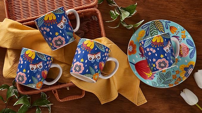 Bico Alice in Dreamland Ceramic Mugs, Set of 4, for Coffee, Tea, Drinks, Microwave & Dishwasher Safe