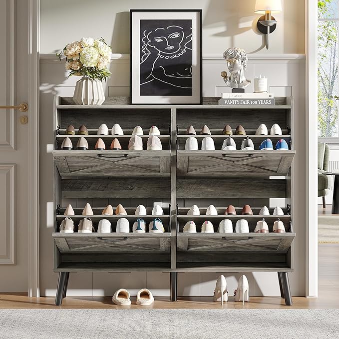Maupvit Large Shoe Storage Cabinet with 4 Flip Drawers, Narrow Shoe Cabinet for Entryway with Wooden Legs, Freestanding Hidden Shoe Rack Organizer & Metal Hinges, Washed Gray