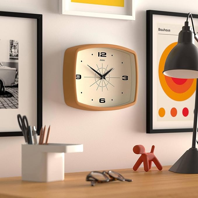 JONES CLOCKS® Movie Wall Clock | Rectangular Retro Clock | 10 inch | Mustard Yellow | Cool mid-Century Designer Look for Kitchen, Living Room or Office