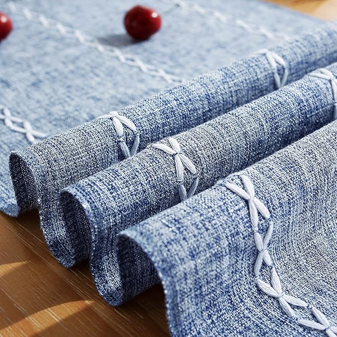 Rustic Farmhouse Style Linen Table Runner, Boho Handmade Tassel Embroidery Table Runners 48 Inches Long for Holiday Party, Dresser and Dining Decorations, 13 x 48 inch - Blue
